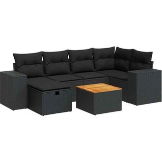 vidaXL Set De Sof&aacute;s De Jard&iacute;n 7 Pzas Con Cojines Rat&aacute;n Sint&eacute;tico Negro