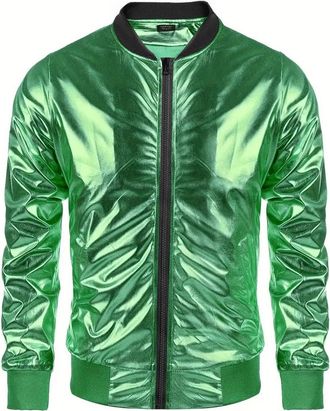 Generic Mens Metallic Nightclub Jacket Slim Fit Zip Up Varsity Baseball Bomber Shiny Party Dance Disco Jackets Green