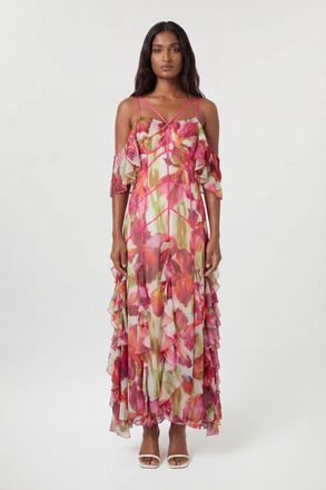 Karen Millen Womens Petite Crinkle Floral Print Beaded Cold Shoulder Maxi Dress - Size 10 UK