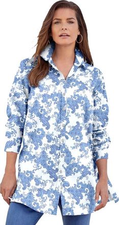 Roaman's Kate Long-Sleeve Crisp Cotton-Blend Button-Front Tunic in Pale Blue Paisley at Nordstrom, Size 36