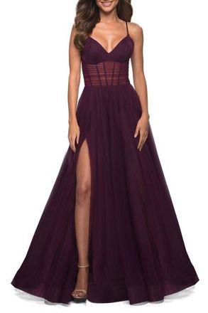 La Femme Tulle A-line Prom Dress with Corset Sheer Bodice in Dark Berry at Nordstrom, Size 10