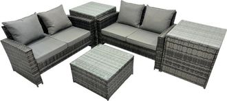Fimous Fimous PE Rattan Garden Furniture Set Lounge Double Seat Sofa Coffee Table Set with 2 Side Tables Dark Grey Mixed