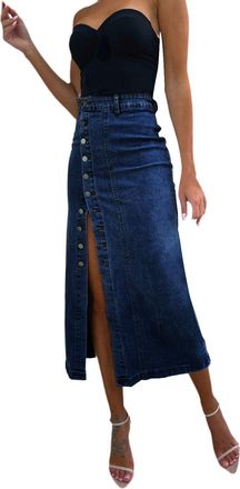 Generic Long Denim Skirt for Women UK Plus Size A-Line High Waist Button Side Split Jeans Skirts Casual Y2k Streetwear Stretch Comfortable Bodycon Denim Skirt