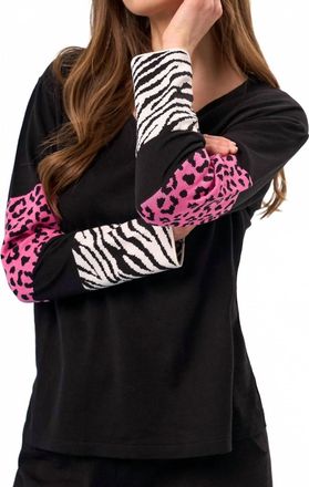 French Kyss Animal Print Sleeve V-Neck Top In Black/multi