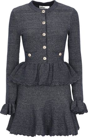 Self Portrait Textured Knit Midi Dress With Ruffled Cuffs And Flared Skirt