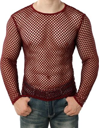 Generic Mens Long-Sleeve Mesh T-Shirts Sexy See Through Fishnet Fitted Undershirts Stretch Vest Transparent Slim Fit Muscle Tops Breathable Fitness Sport Tee 