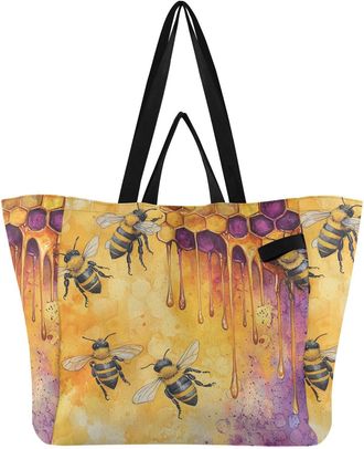 Generic Bees Honey Yellow print Reusable Canvas Tote Bag, Heavy Duty Grocery Shopping Bag with Double Handles Hard Bottom Large Capacity Work Groceries Travel