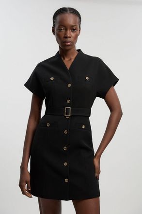 Karen Millen Womens Textured Compact Stretch High Neck Belted Mini Dress - Black - Size 10 UK