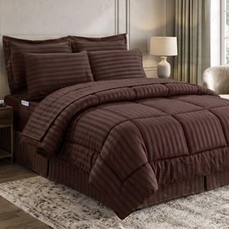 Elegant Comfort 8-Piece Dobby Stripe Comforter Set - Includes 4-Piece Sheet Set with Double Sided Storage Pockets