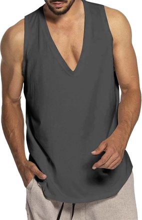 Generic Simple Sleeveless Vests Men - Deep V Neck Sleeveless T Shirts Gym Workout Training Muscle Sleeveless Shirts Beach Vest Outdoor Loose Sports Vest Light