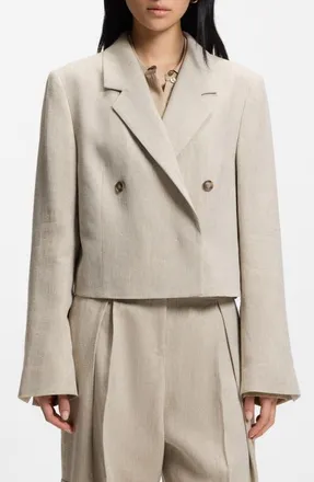BOSS Jojeka1 Double Breasted Linen Blend Crop Blazer in Herringbone Linen at Nordstrom, Size 12