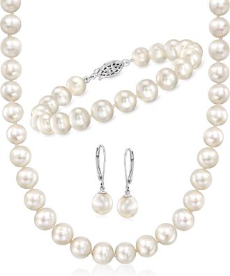Ross-Simons 8-9mm Cultured Pearl Jewelry Set: Bracelet, Necklace and Drop Earrings With Sterling Silver