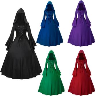 Generic Women Gothic Hooded Dress Renaissance Maxi Dresses Vintage Ladies Long Sleeve Bodycon Dress High Waist Flared A-Line Dresses Lace-up Medieval Costume 