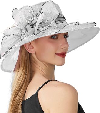 Generic Womens Organza Hat Mesh with Flower Decoration: Fascinator Hat Womens Pink Top Hat Church Tea Party Bridal Hat Wedding Occasion Hat Wide Edge Church H