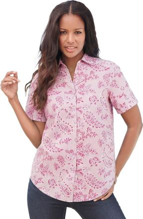 Roaman's Plus Size Kate Short Sleeve Easy Cotton Blend Button Front Shirt in Pale Lavender Paisley at Nordstrom, Size 36