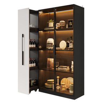STILVORA Vetrina Con Porta In Vetro E Led, Con Ripiano Laterale Estraibile, Stile Moderno, In Mdf E Vetro, Nero, 110,5&times;35&times;160 Cm
