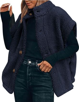 Generic Womens Fuzzy Sherpa Fleece Vest Thickened Plush Gilet Oversized Lightweight Trendy Sleeveless Jacket Vests Warm Button Down Cardigan Stand Collar Gile