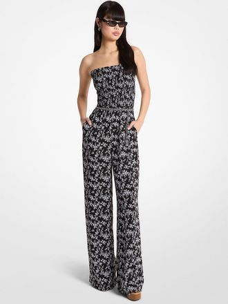 Michael Kors Floral Print Smocked Georgette Belted Jumpsuit