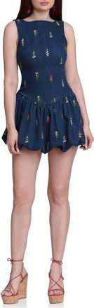 Avec Les Filles Embroidered Bubble Hem Denim Minidress in Monarch Botanical at Nordstrom, Size 14