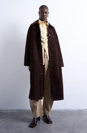 Topshop Long Faux Suede Car Coat in Brown at Nordstrom Rack, Size Large