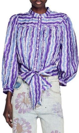 Sandro Peninsula Floral Long Sleeve Silk Button-Up Shirt in Violet /Bleu at Nordstrom Rack, Size 1 (Fits Like 2-4 Us)