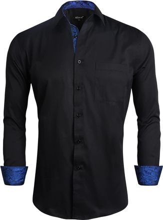 Alizeal Mens Business Slim Fit Dress Shirt Long Sleeve Patchwork Button Closure Shirt, Black+Royal Blue-2XL