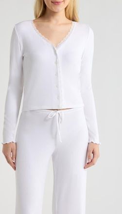 Open Edit Daydream Lace Trim Rib Button-Up Lounge Top in White at Nordstrom, Size X-Large
