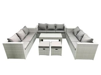 Fimous Rattan Garden Outdoor Furniture Set 11 Seater Garden Sofa Oblong Coffee Table Set with 2 Small Footstool Light Grey Mixed