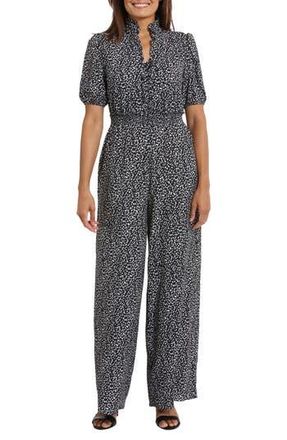 London Times Puff Sleeve Front Zip Jumpsuit in Black Ivy at Nordstrom Rack, Size 10