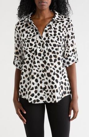 DKNY Abstract Print Roll Sleeve Button-Up Shirt in Ivory/Black Multi at Nordstrom Rack, Size X-Large