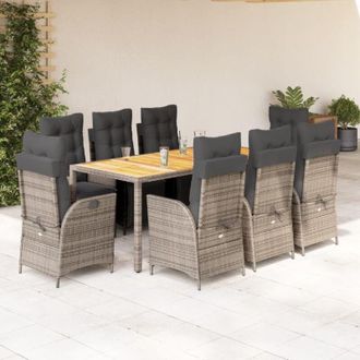 vidaXL Set Comedor Jard&iacute;n 9 Pzas Y Cojines Rat&aacute;n Sint&eacute;tico Gris Vidaxl