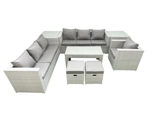 Fimous Wicker PE Rattan Sofa Garden Furniture Set with Oblong Coffee Table Armchair 2 Small Footstools 2 Side Tables Light Grey Mixed