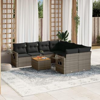 vidaXL Set De Muebles De Jard&iacute;n 9 Pzas Y Cojines Rat&aacute;n Sint&eacute;tico Gris Vidaxl