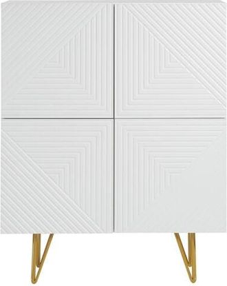 Miliboo Aparador Alto De Dise&ntilde;o Con 4 Puertas Y Grabados De Metal Blanco Mate Y Dorado 86 Cm Ozen