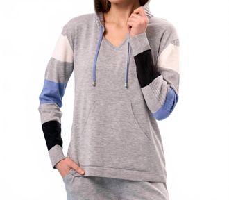 French Kyss V-Neck Color Block Hoodie In Slate/multi