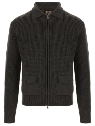 Woolrich Dark Green Full-Zip Ribbed Knit Wool Sweater