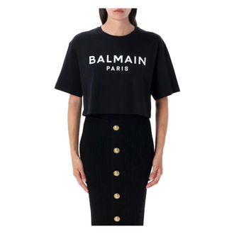 Balmain Printed Logo Cropped T-Shirt - female - Balmain - T-Shirts - Black - L - Tops