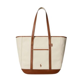 Ralph Lauren Tote Bags, female, Beige, Size: ONE SIZE Leather-Trim Canvas Tote