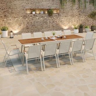 IDMarket Conjunto De Muebles De Jard&iacute;n Extensibles Noumea Mesa De Cristal Templado Efecto Madera 135/270 Cm Y 12 Sillas Apilables Beige Y