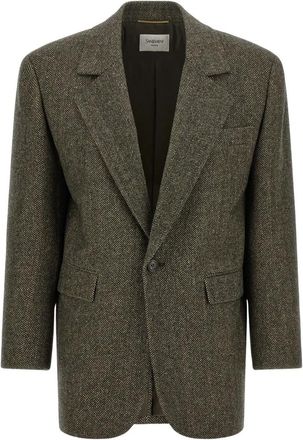 Saint Laurent Enkelrijzig Jasje van Visgraatwol - Dames - Blazers - Bruin - S - Wol - Jassen