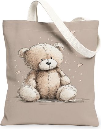 Generic Cute Bear Canvas Tote Bags, Adorable Animal Design Reusable Grocery Bags, Vintage Style Lightweight Washable Shoulder Strap, Beige, 13x15 Inch