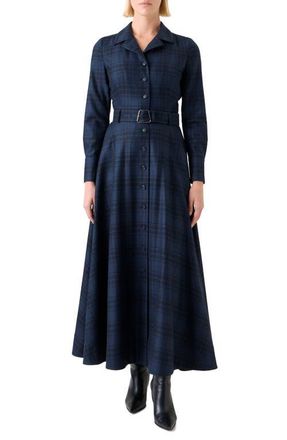 Akris Plaid Long Sleeve Wool Flannel Belted Shirtdress in Denim-Black at Nordstrom, Size 6