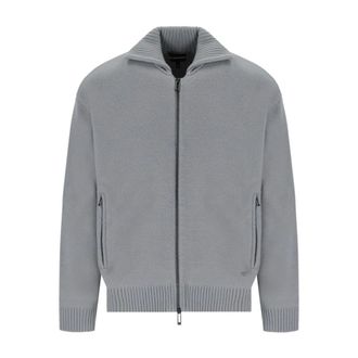 Emporio Armani Cardigans, male, Gray, Size: M Zipped Wool Cardigan Ice Gray