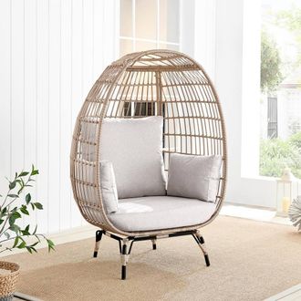 Furniturebox Grey Rattan Garden Egg Chair in PE Resin Rattan for Outdoors & 15cm Luxuriously Thick Cushions - Patio Chair in Beige