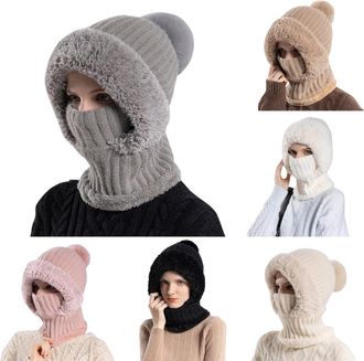 Generic 3 in 1 Beanie Hat for Women, Sherpa Hood Ski Mask, Fall Winter Warm Knitted Windproof Balaclava Scarf with Face Cover for Outdoor Skiing Hiking