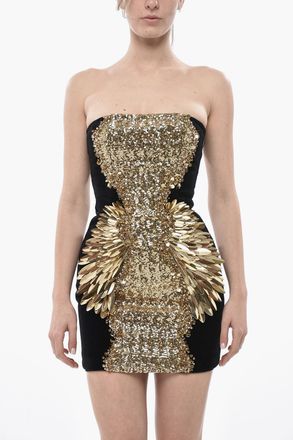 Balmain Velour Mini Dress with Sequins and Gold Details Balmain