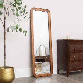 Melody Maison Natural Wood Wavy Edge Full Length Wall & Leaner Mirror - 47cm X 142cm in Brown | Size: 47 cm X 142 cm
