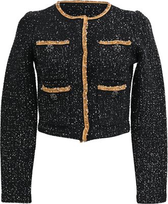 Self Portrait Sequined Knit Cropped Cardigan in Black Polyester