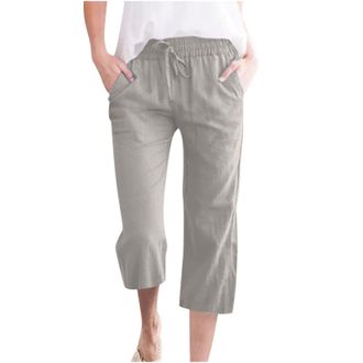 Generic Womens Cotton Linen Trousers Sale Clearance 3/4 Length Casual Pants High Waist Pocket Trousers Lightweight Straight Fit Trousers Comfy Breathe Outgoin