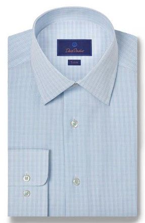 David Donahue Trim Fit Tattersall Check Cotton Dress Shirt in White/Ocean at Nordstrom Rack, Size 18 - 34/35